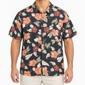 Ron Chereskin Hawaiian Shirt Mens Large Black Short Sleeve *missing buttons